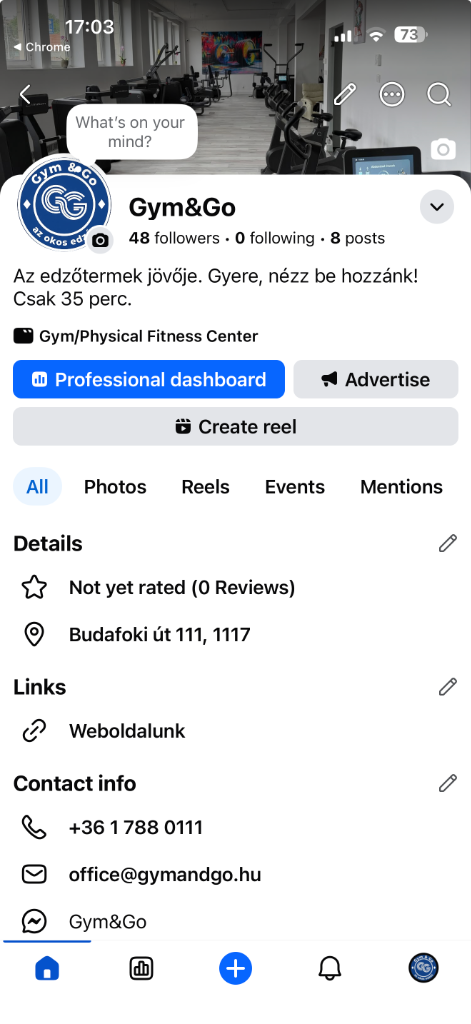 Gym & Go Facebook oldal mobilnézet